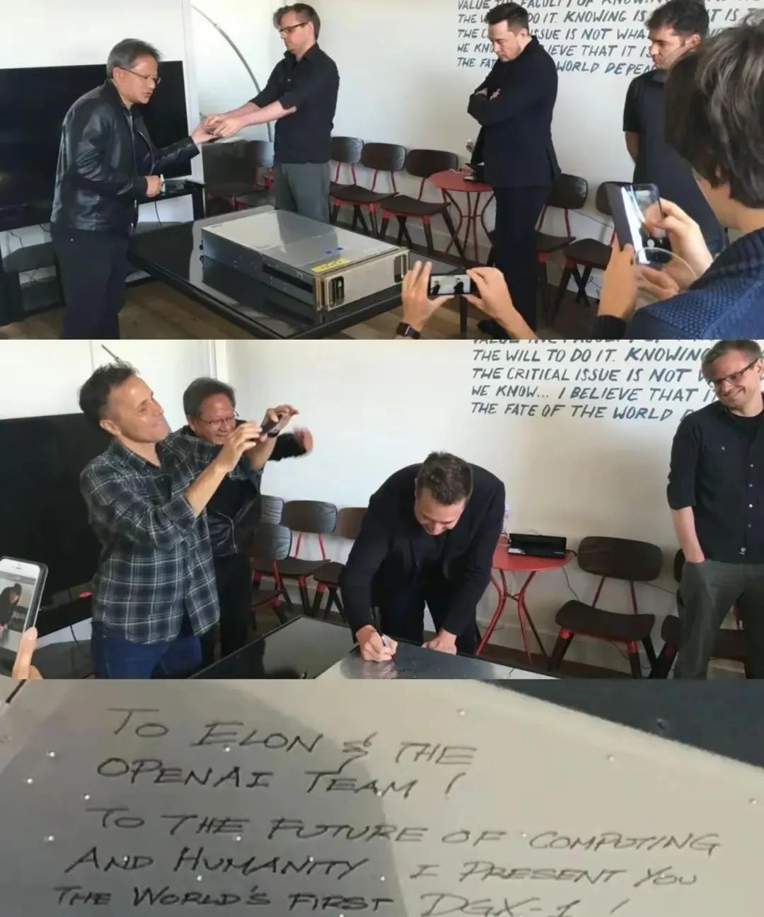 最早马斯克建立openAI的时候，黄老板给他们送超算，当时奥特曼都还没加入啊！