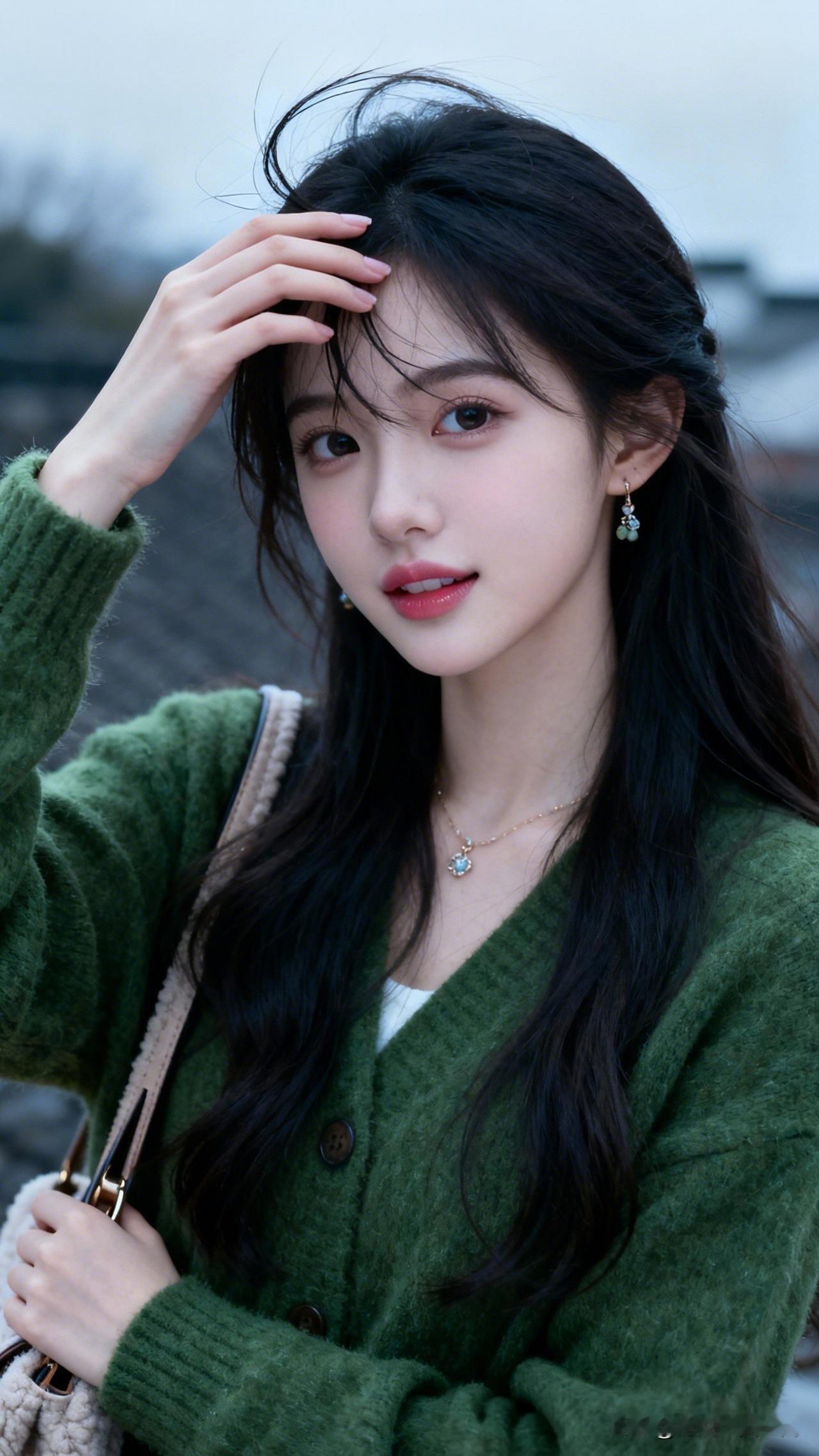 绿衣美人倚，笑语动芳心。晒出美丽身影温柔冬日穿搭，绿色毛衣搭配珍珠项链，甜美又