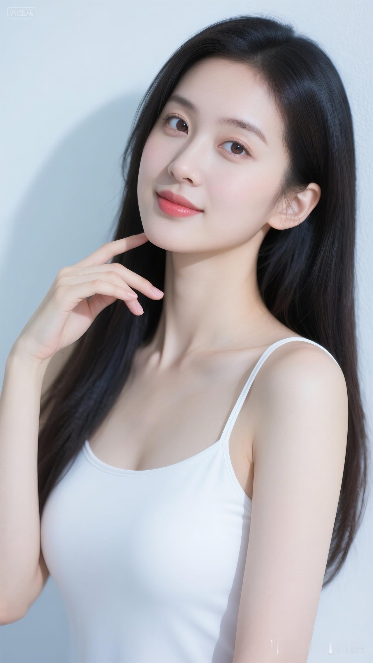 温柔甜美的白裙少女，轻抚脸颊，散发自然魅力。