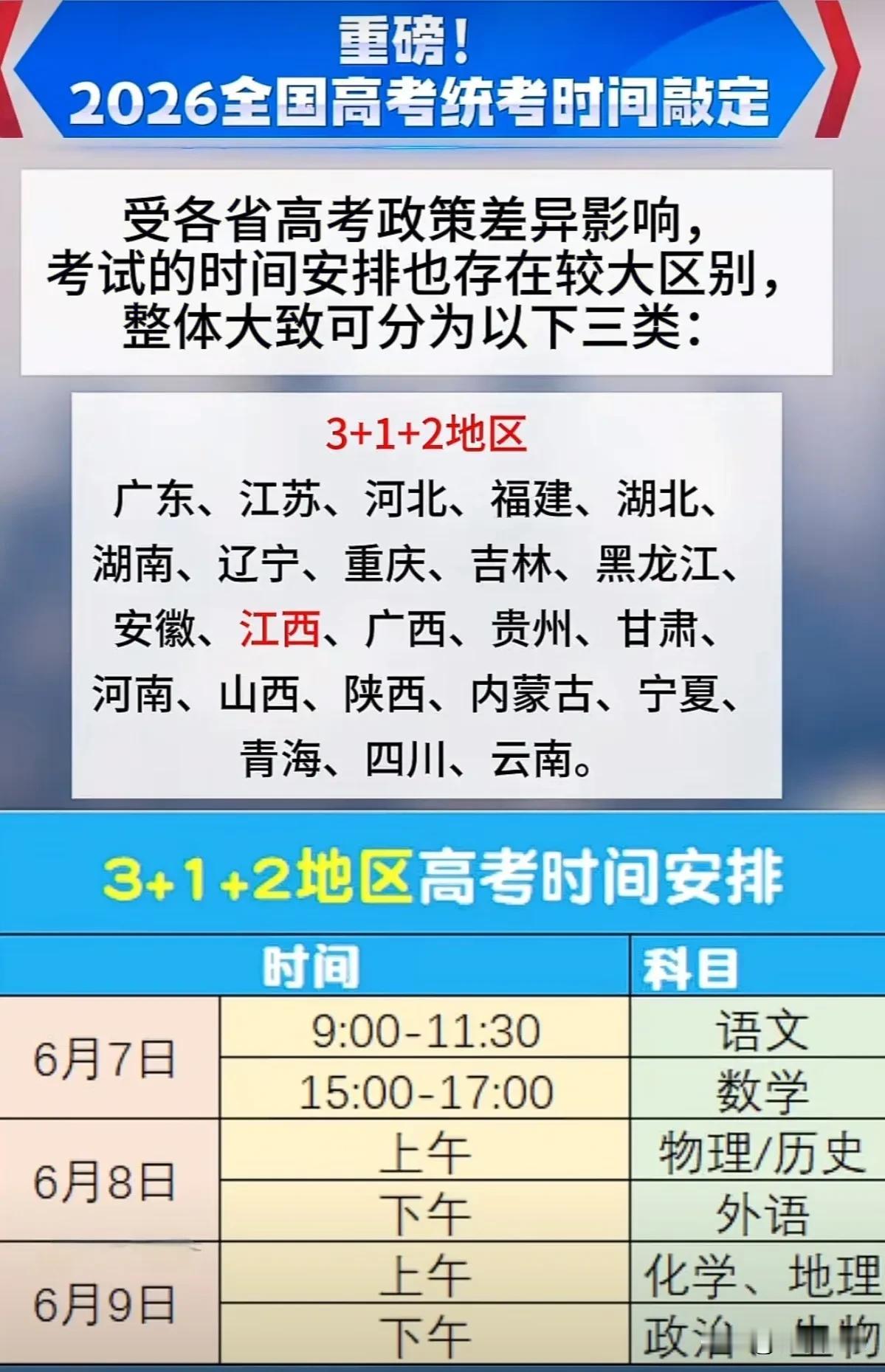 今日，教育部公布2026年度全国高考具体日程安排。2026年全国高考统考定于6