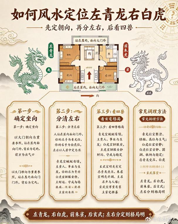 如何风水定位左青龙右白虎家居风水玄灵道人不论你住的是哪个地方,都是以自己住的方位往外来定位,以自己为