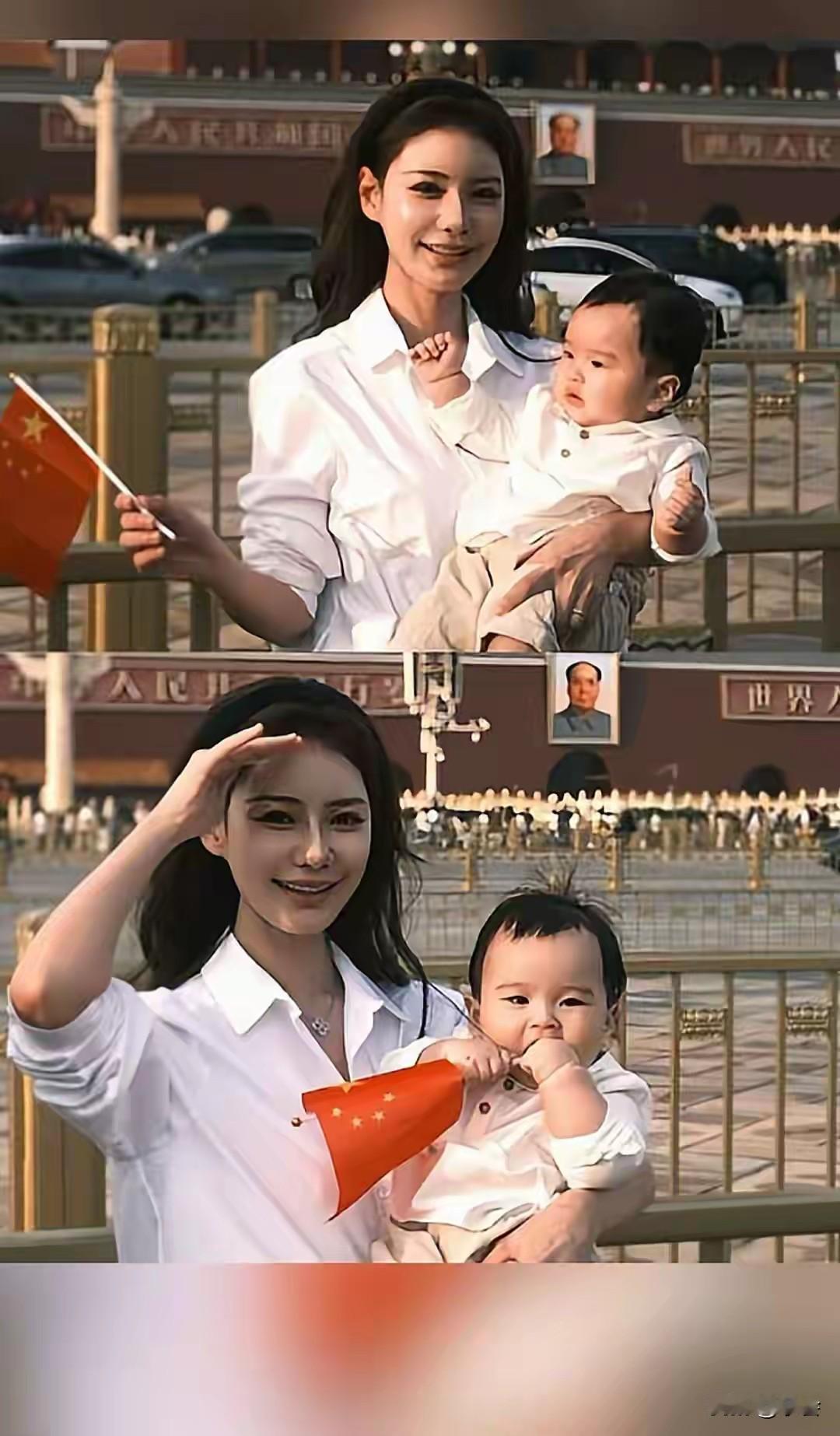 马筱梅带着小汪宝打卡天安门，国庆氛围感直接拉满！母子俩穿着简约的白衬衫配牛仔
