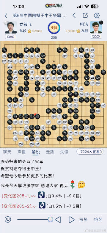 祝贺柯洁，这盘棋他虽说是最后捡漏拿到了冠军，但一路走来能以不败战绩挺进...