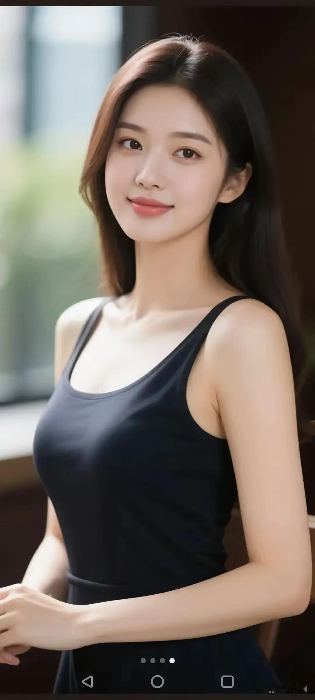 黑背心勾勒简洁线条，长发垂落，藏着静谧的柔。她站在光影里，把素净穿成诗，