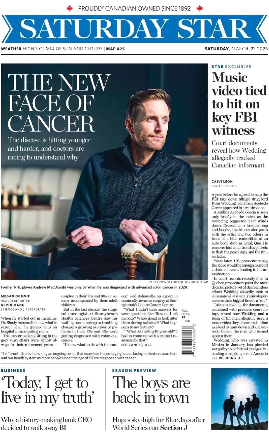 结直肠癌已经成为不少国家普遍的流行的癌症。《多伦多星报》头版报道称，癌症的新面