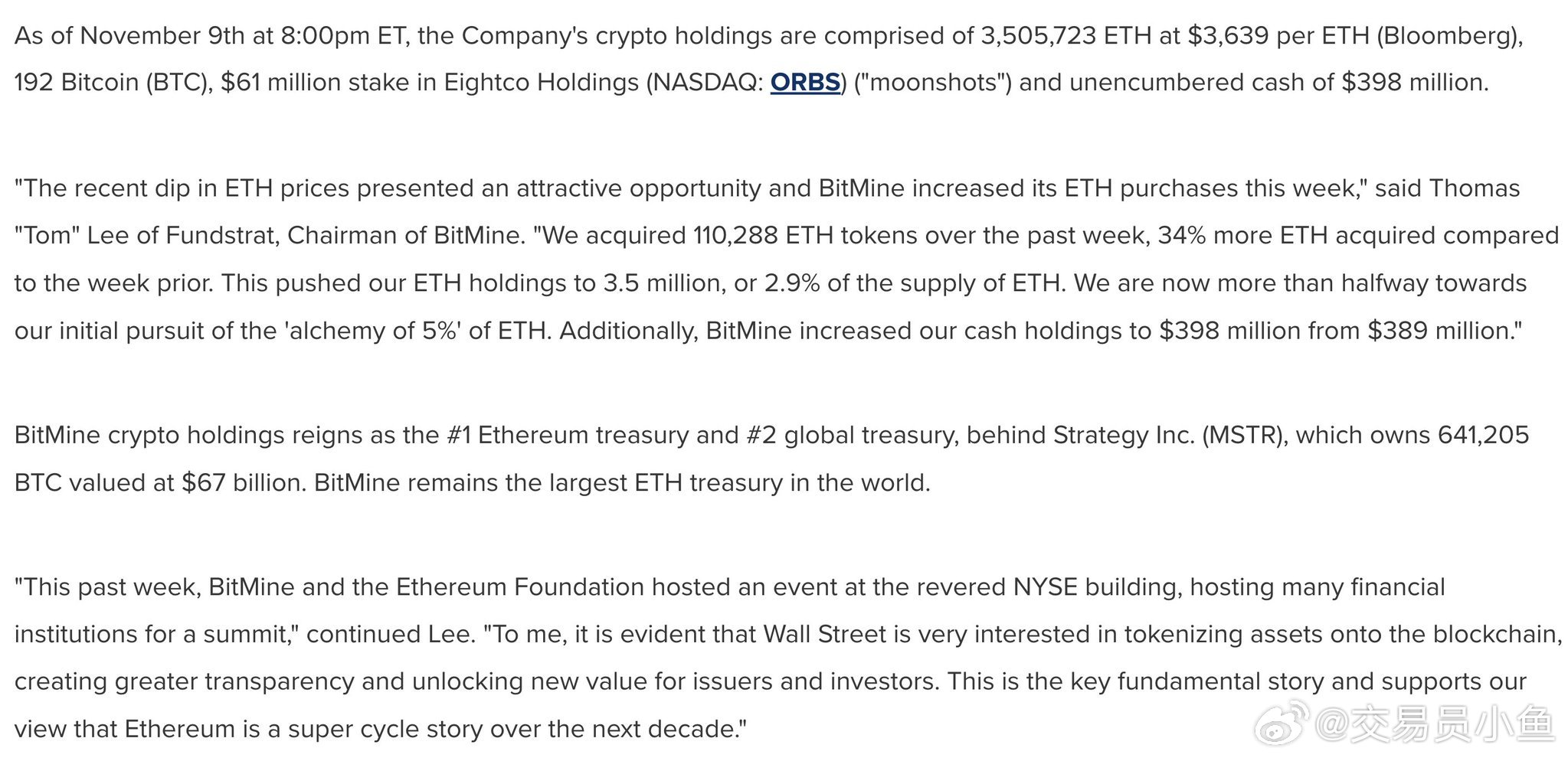 🚨BitMine疯狂加仓以太坊！截至11月9日，Bitmine持有3,5