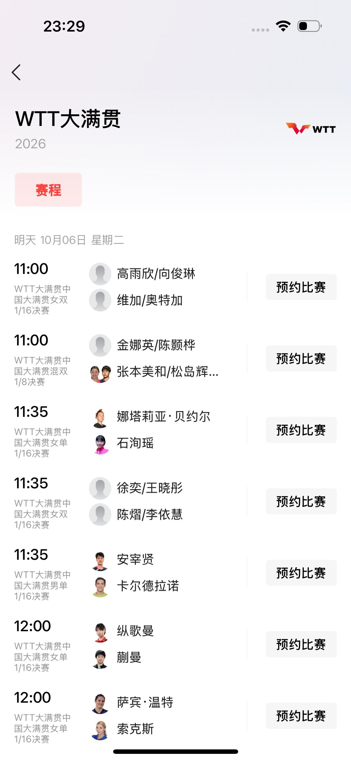 今天是10月6日，星期二，WTT中国大满贯有以下比赛：期待中