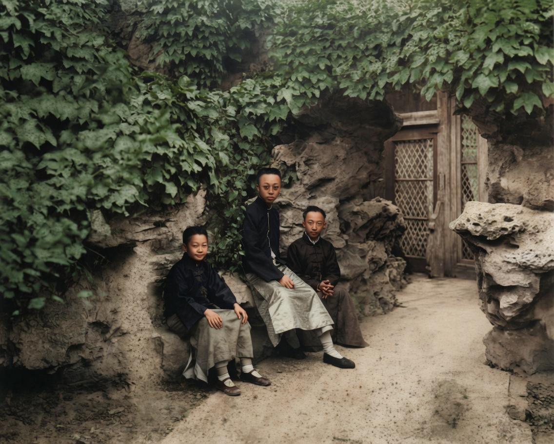 逊清小朝廷时期，紫禁城御花园里，少年溥仪与弟弟溥杰、小舅子在北京紫禁城御花园内的