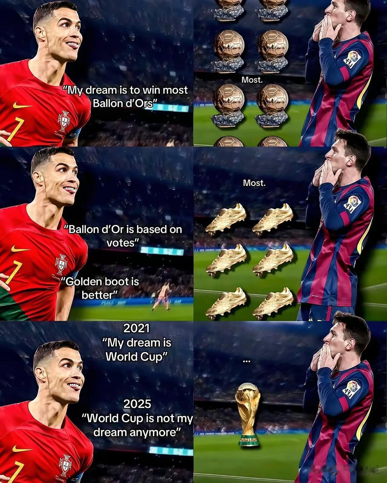 真·反复无常之小人：C·阿韦罗金球奖追平梅西时，C罗表示：这是最高个人荣耀，