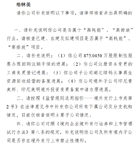 格林美A+H收到证监会备案反馈: 公司和旗下项目是否属于高耗能高排放