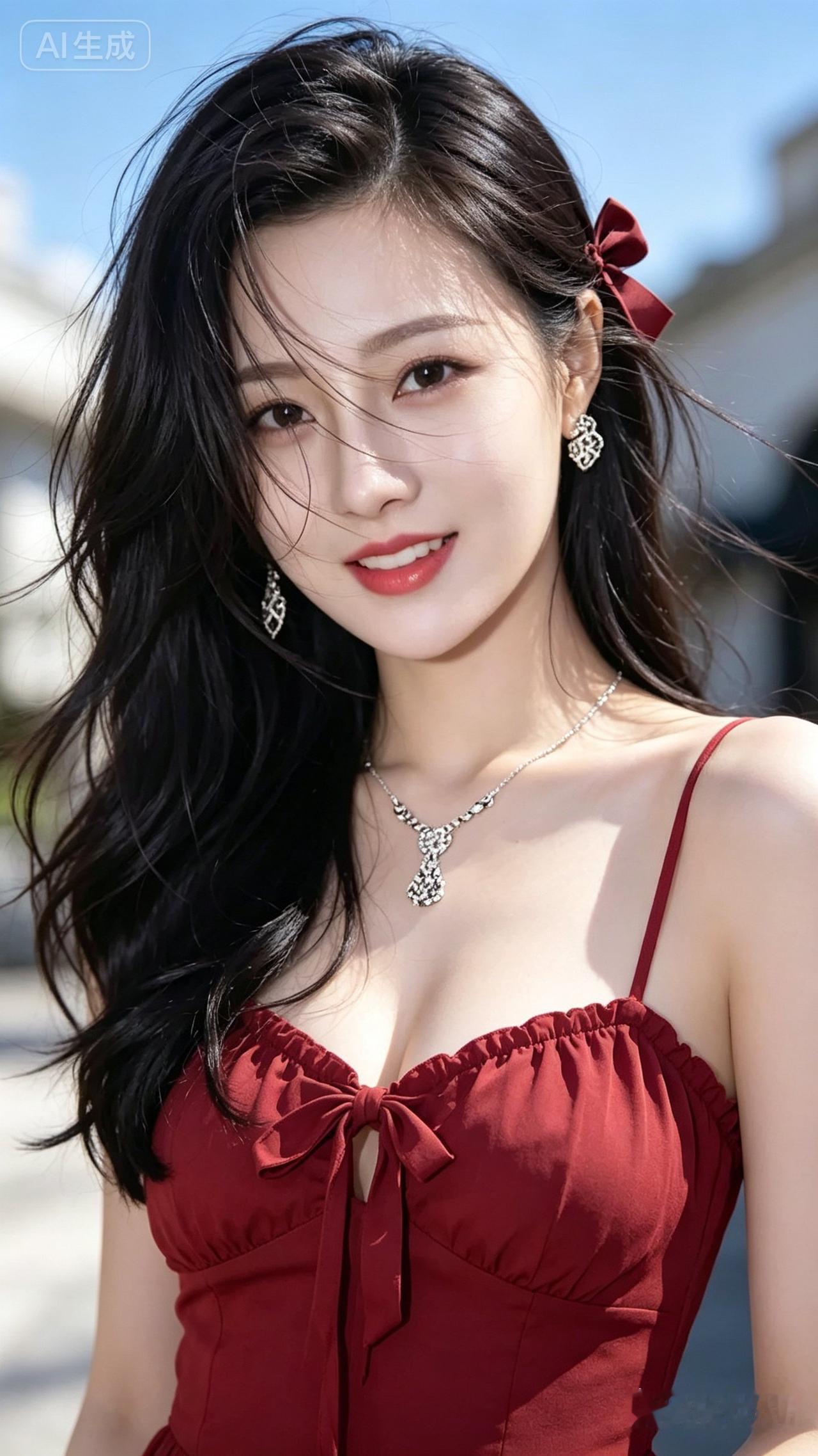 甜美红裙少女，夏日风情满满！🌞💖