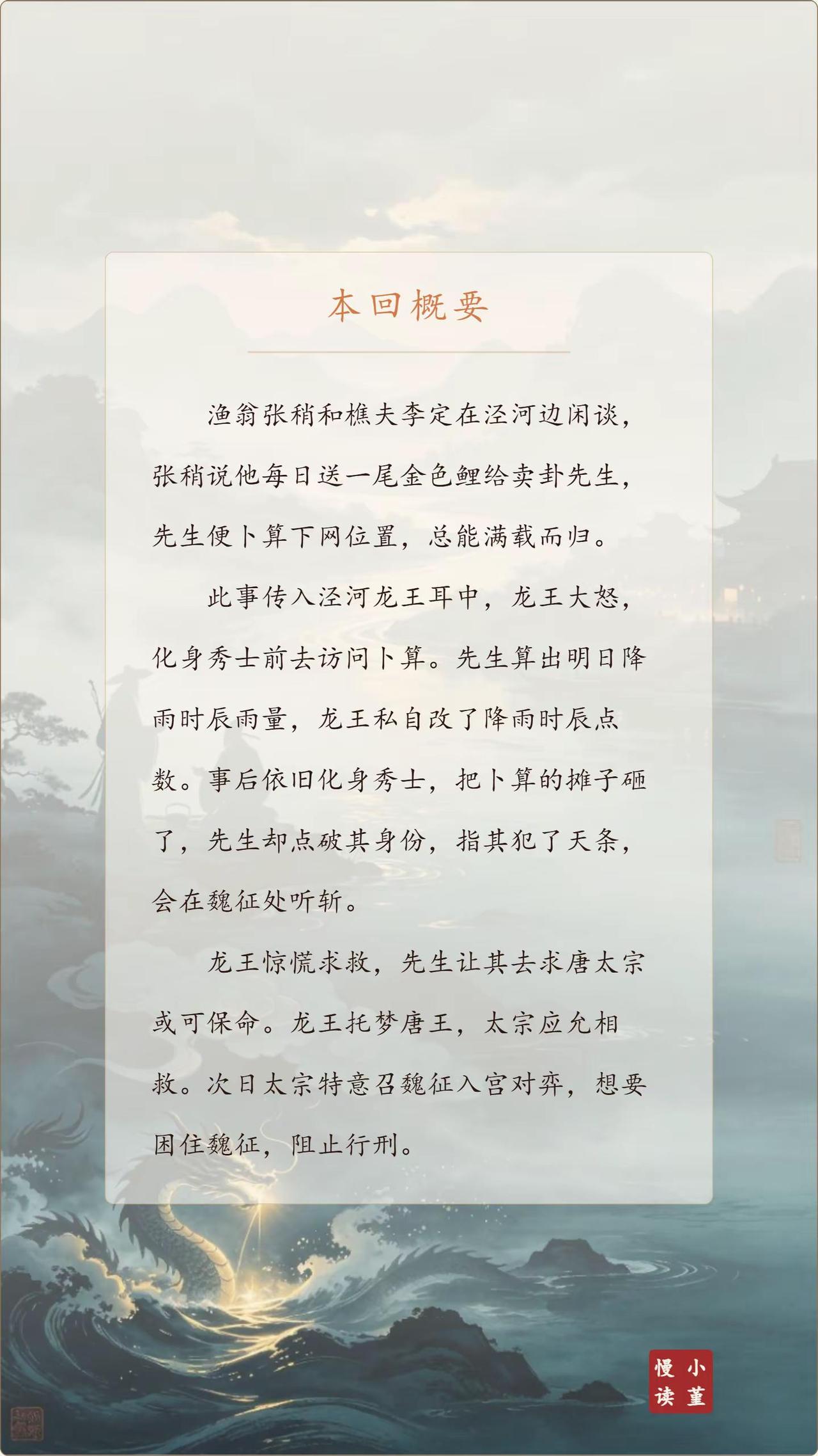 📖《西游记》原著赏析第九回。本回开篇，泾河岸边渔翁张稍、樵夫李定吟诗攀话，畅