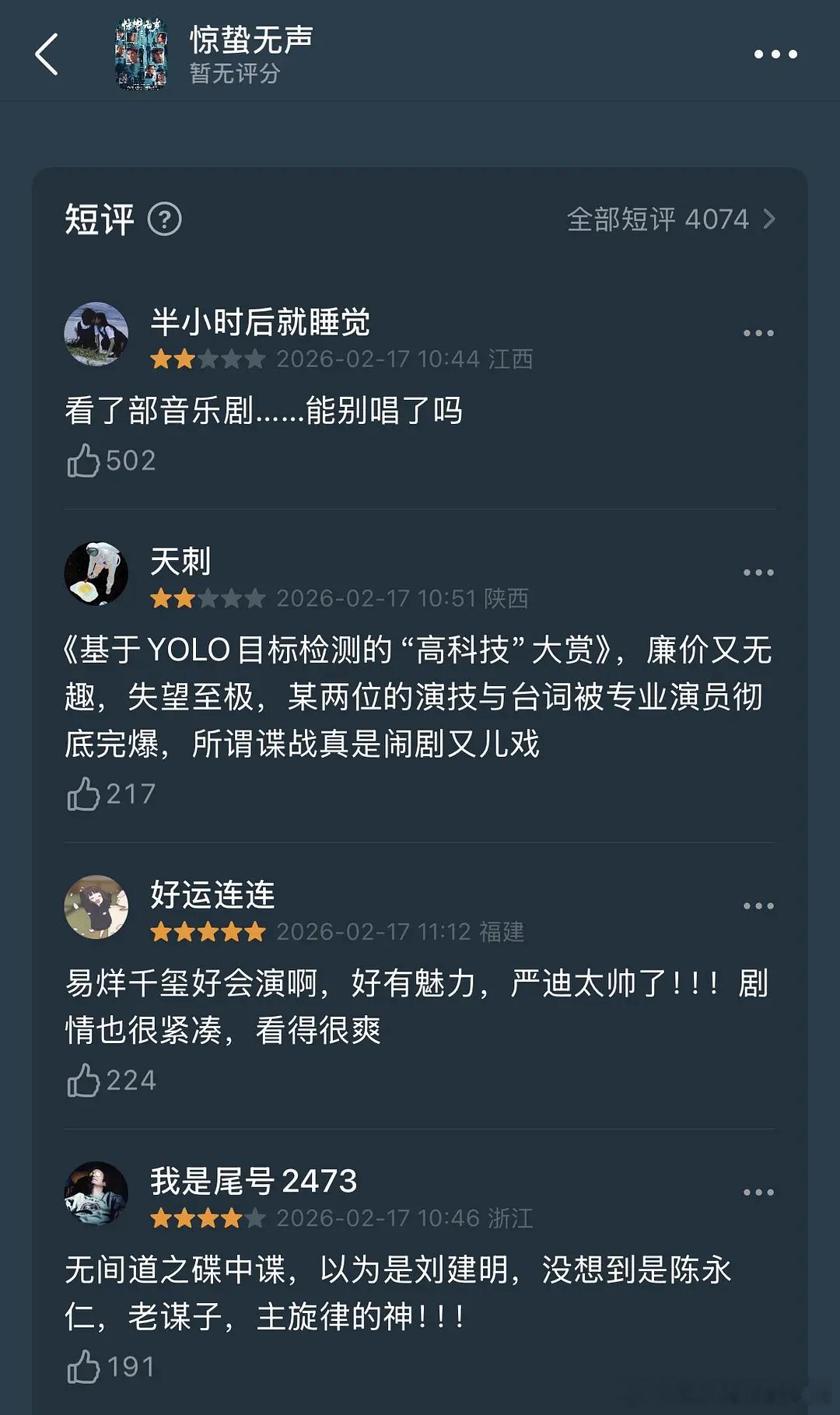 惊蛰无声惊蛰无声有看了的没，搜了一下网评，好像路人评价都是觉得一般，粉丝评价觉得