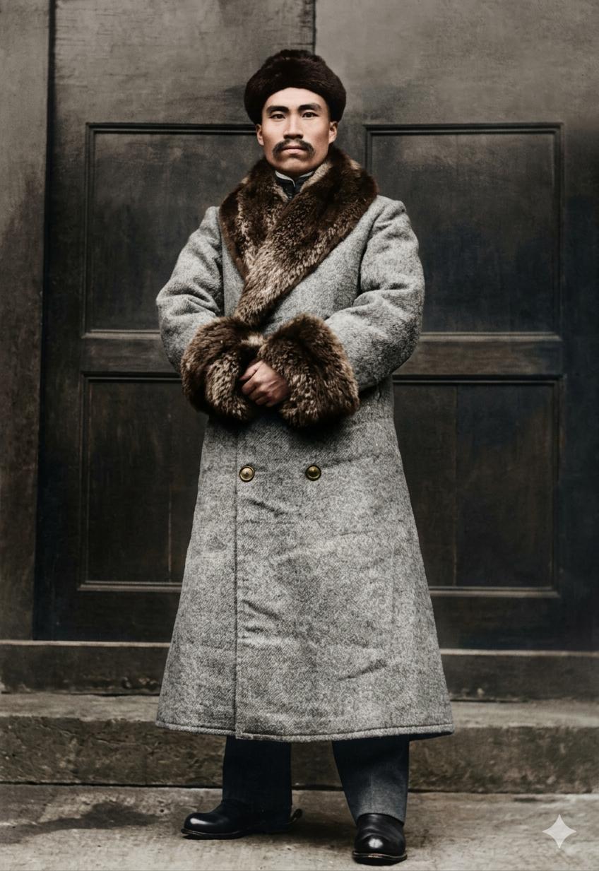 这张珍贵照片记录了朱德在滇军任职时期的形象，他身着滇军高级军官冬季制式呢大衣，大