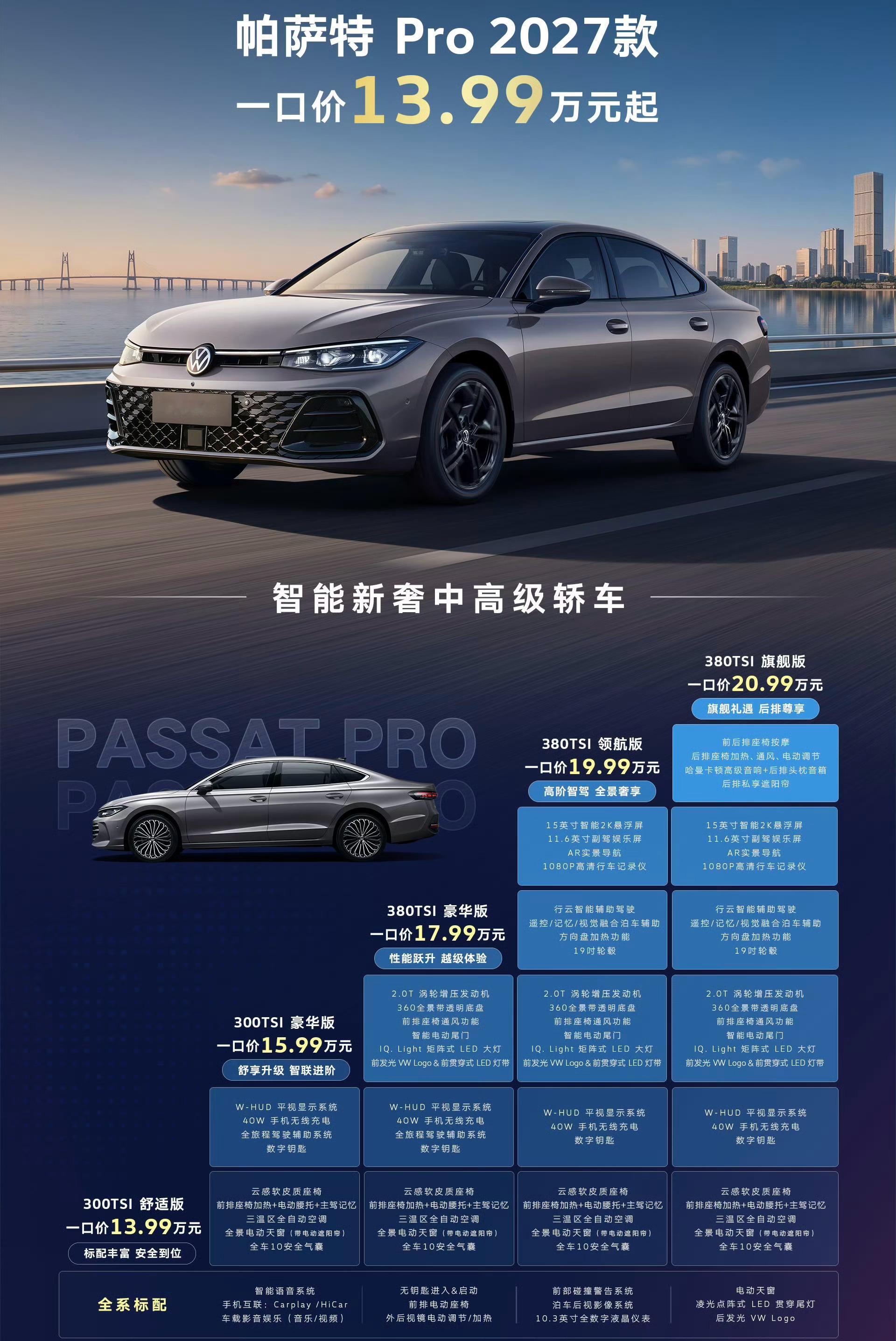 2024年，帕萨特Pro上市，全系380动力，一口价18.99万—22.39万2