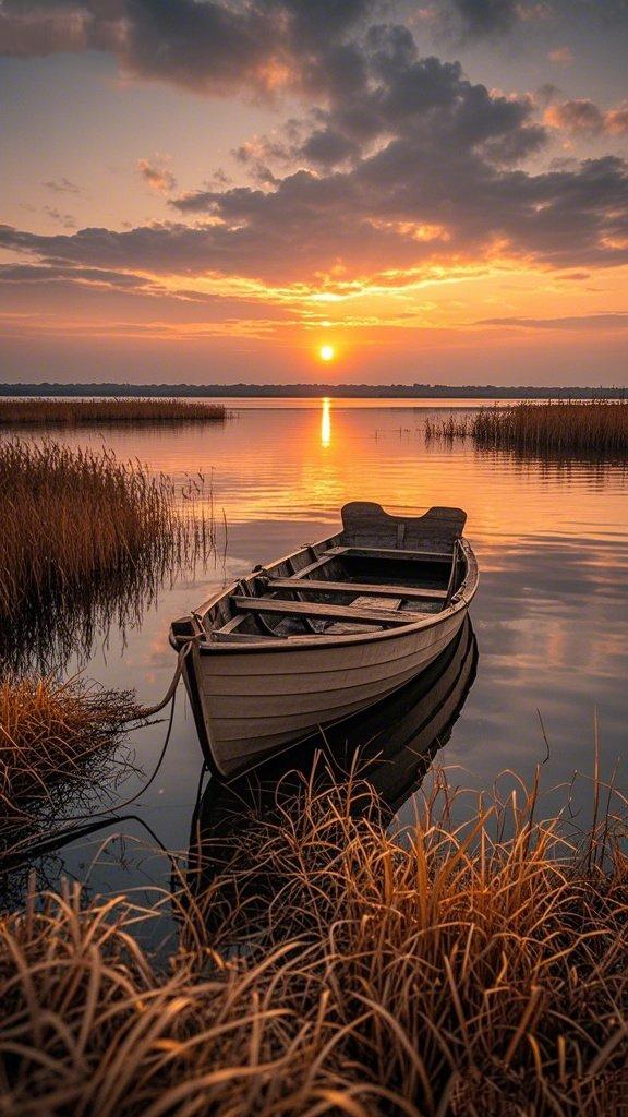 《舟影向晚》夕光吻皱湖心，木舟泊在温柔的褶皱里，芦苇摇着金红的碎影，
