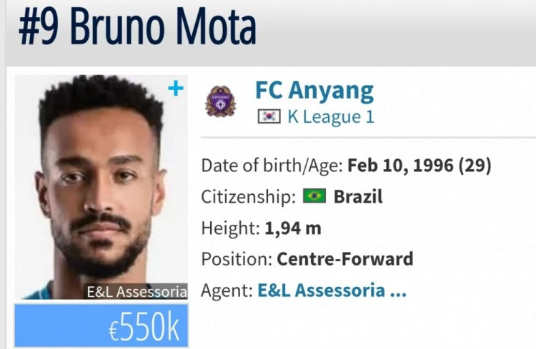 博主: K联赛中锋布鲁诺·莫塔正在完善加盟申花的相关手续