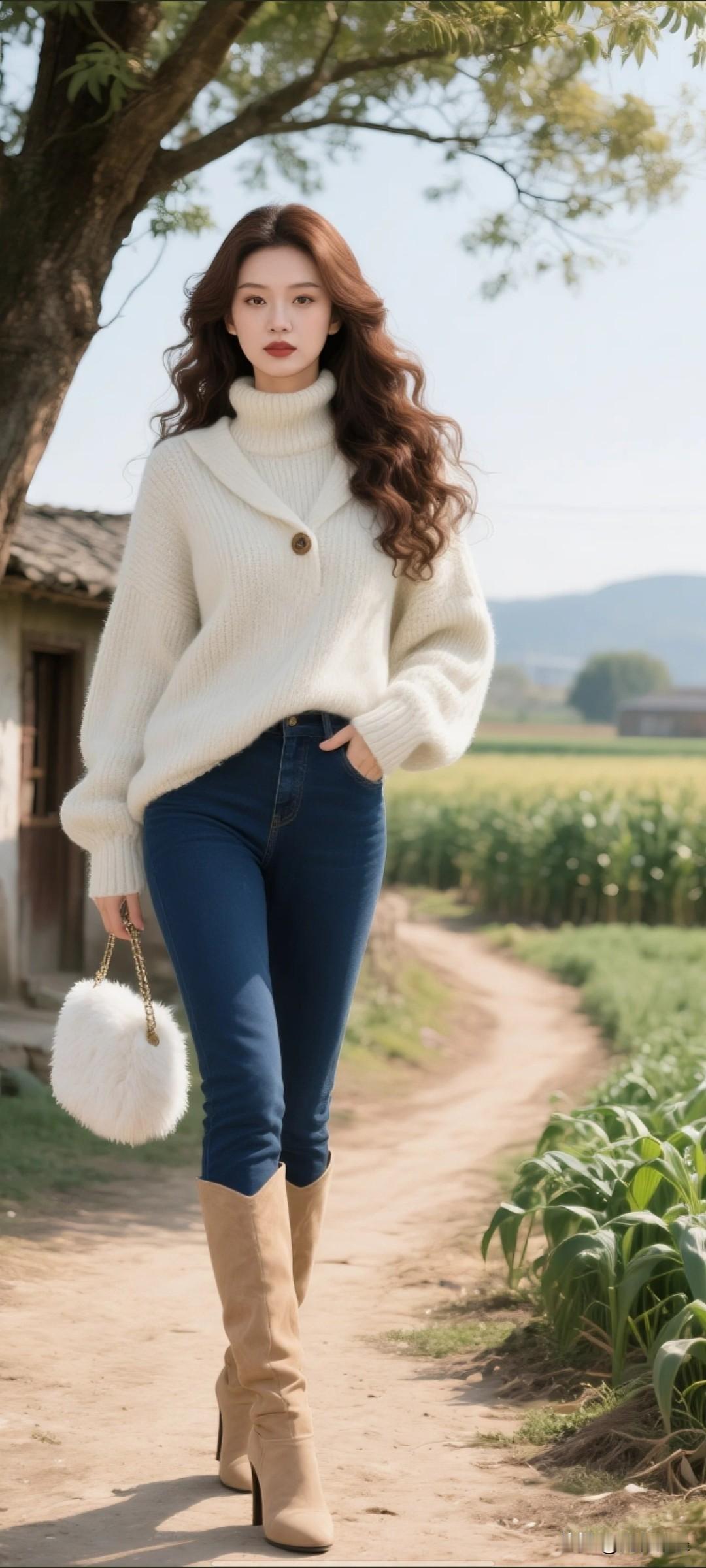 晒图笔记大赛26岁中国御姐，棕色大波浪卷发及腰，冷白皮+精致妆容，毛衣是大翻领+