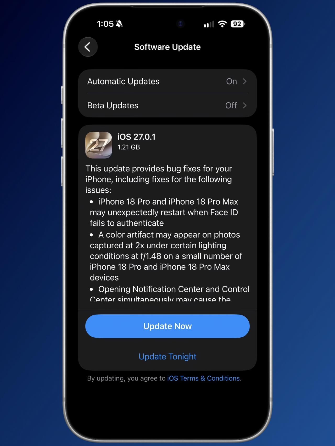 苹果推送iOS27.0.1，集中修复iPhone18Pro系列FaceI