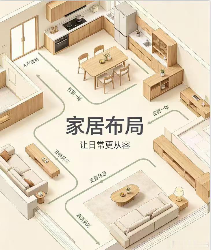 家居布局，不只是好看。优化动线，让日常少奔波；做好采光通风，房间通透不压抑；动静分区，兼顾热闹与安宁