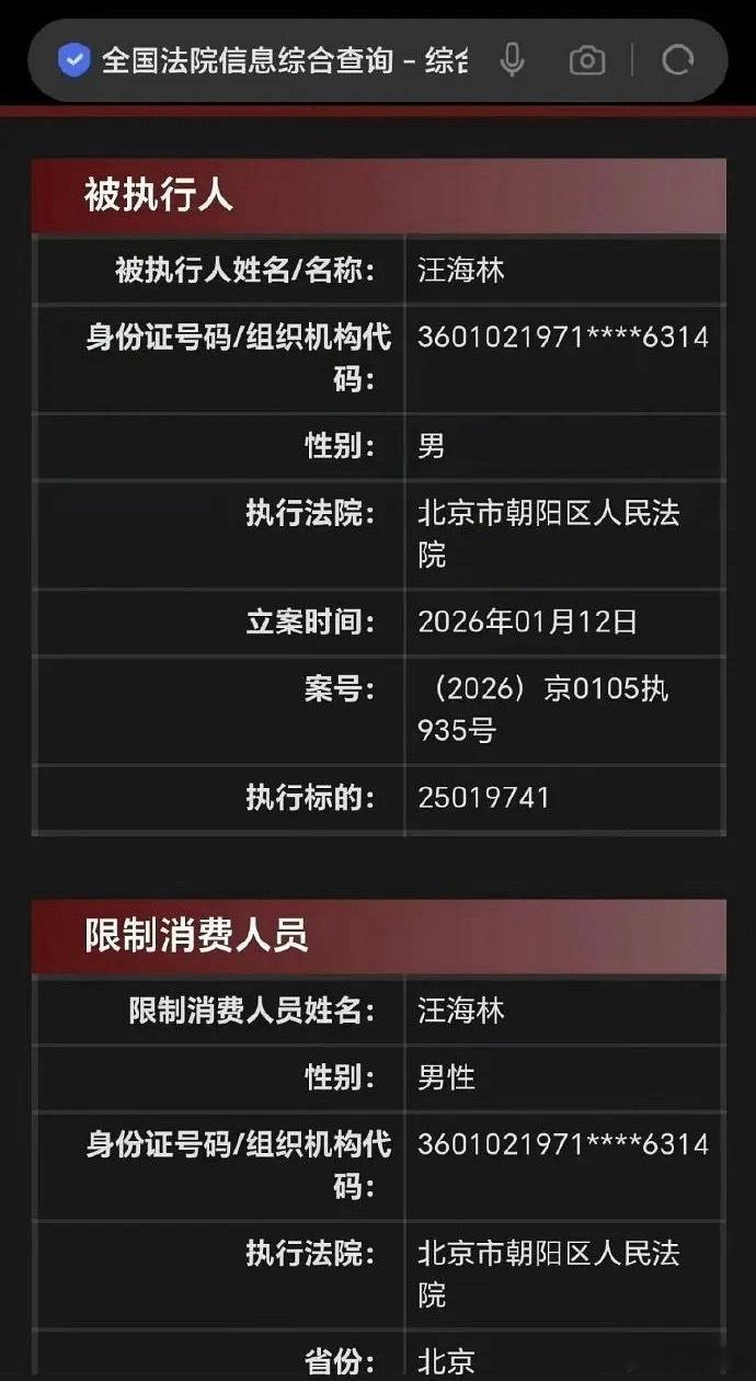 哇哦汪海林被限制高消费了