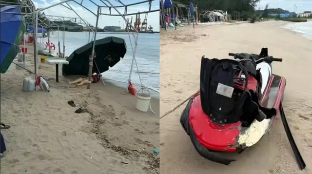 两个年幼的孩子没有爸爸了！近日，在北海地角鱼骨沙洲，一名男游客带着家人来玩