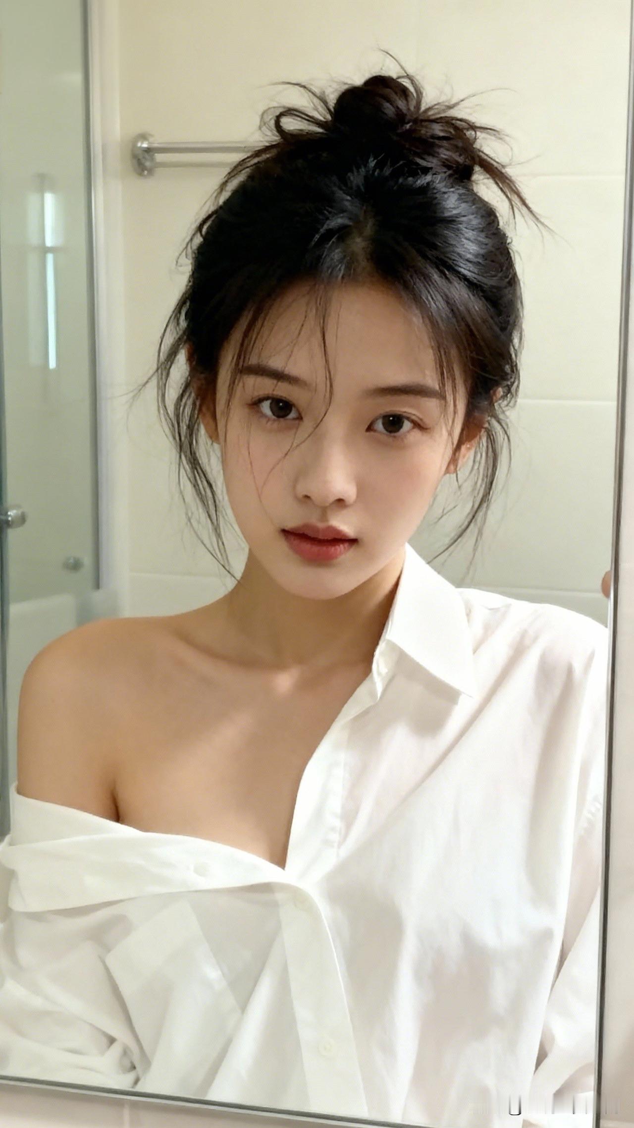 镜中人影，似水流年。穿白衬衫街拍，怎样搭配好看又时尚慵懒的早晨，凌乱的丸子头，