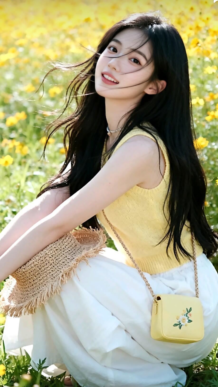 阳光下的少女，花海中的甜美时光