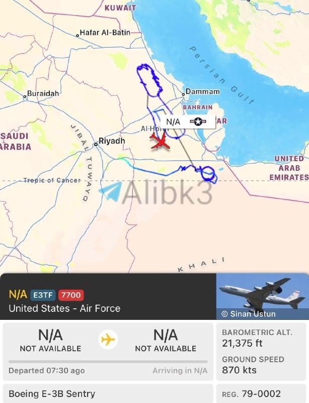 美国空军一架E-3预警机今天在沙特东部上空飞行数小时之后挂出7700紧急代码。