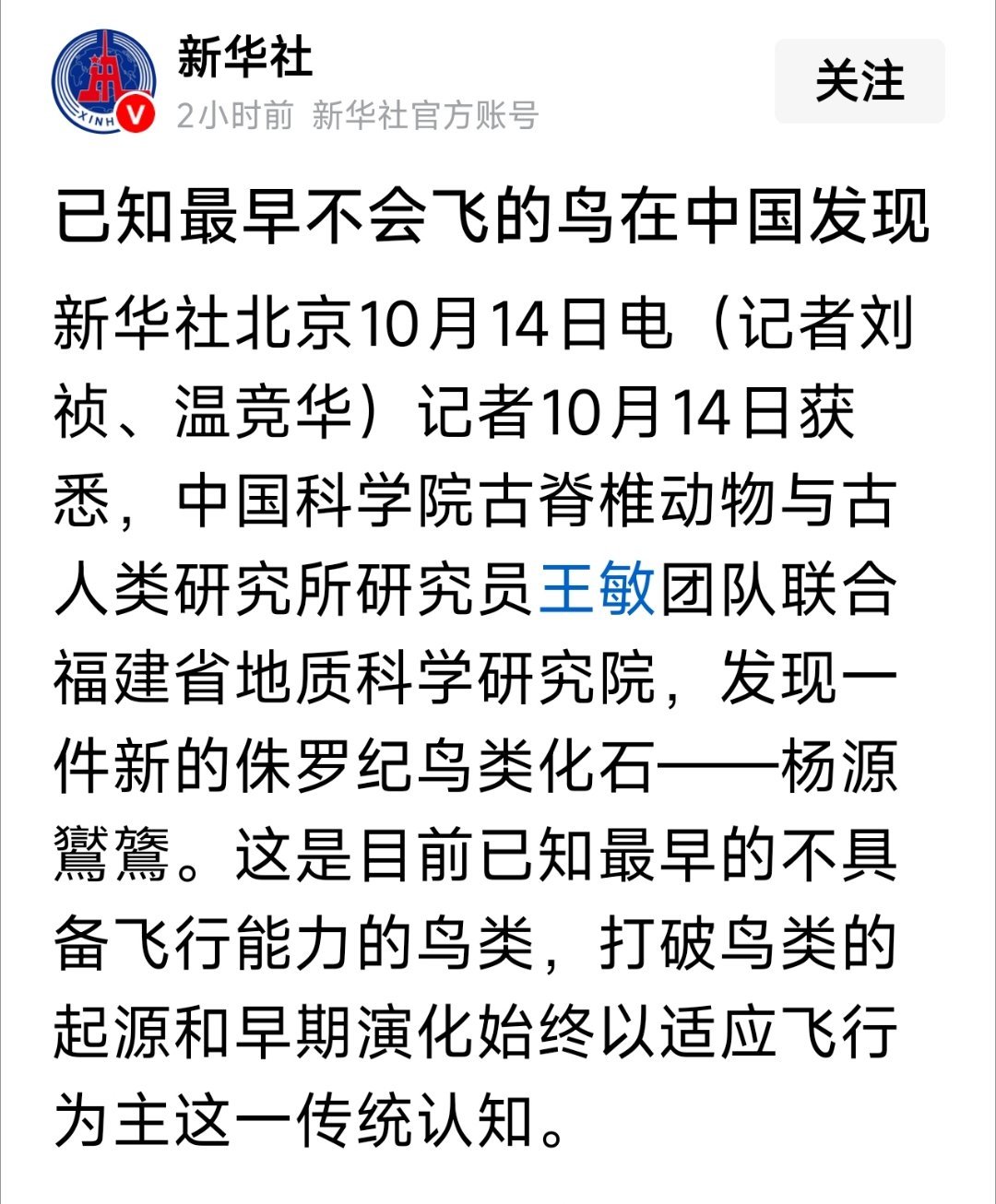 新华社报道：已知最早不会飞的鸟在中国发现，打破鸟类的起源和早期演化始终以适应飞行