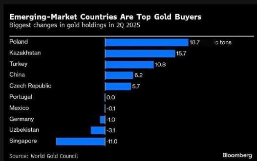 来自世界黄金协会数据，显示了2025年第二季度各国黄金储备的增减变动（按吨计）。