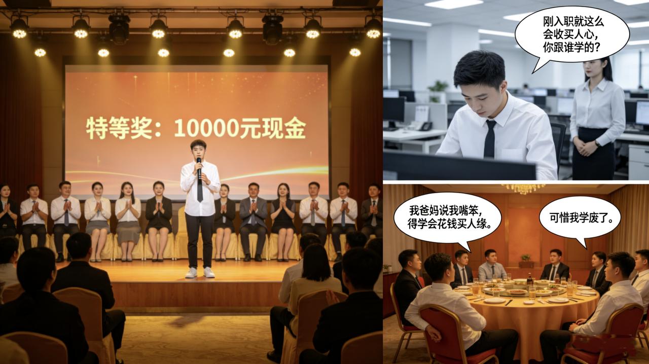公司年会，新来的实习生中了特等奖——一万块现金。主持人让他说两句，他拿着话筒哆