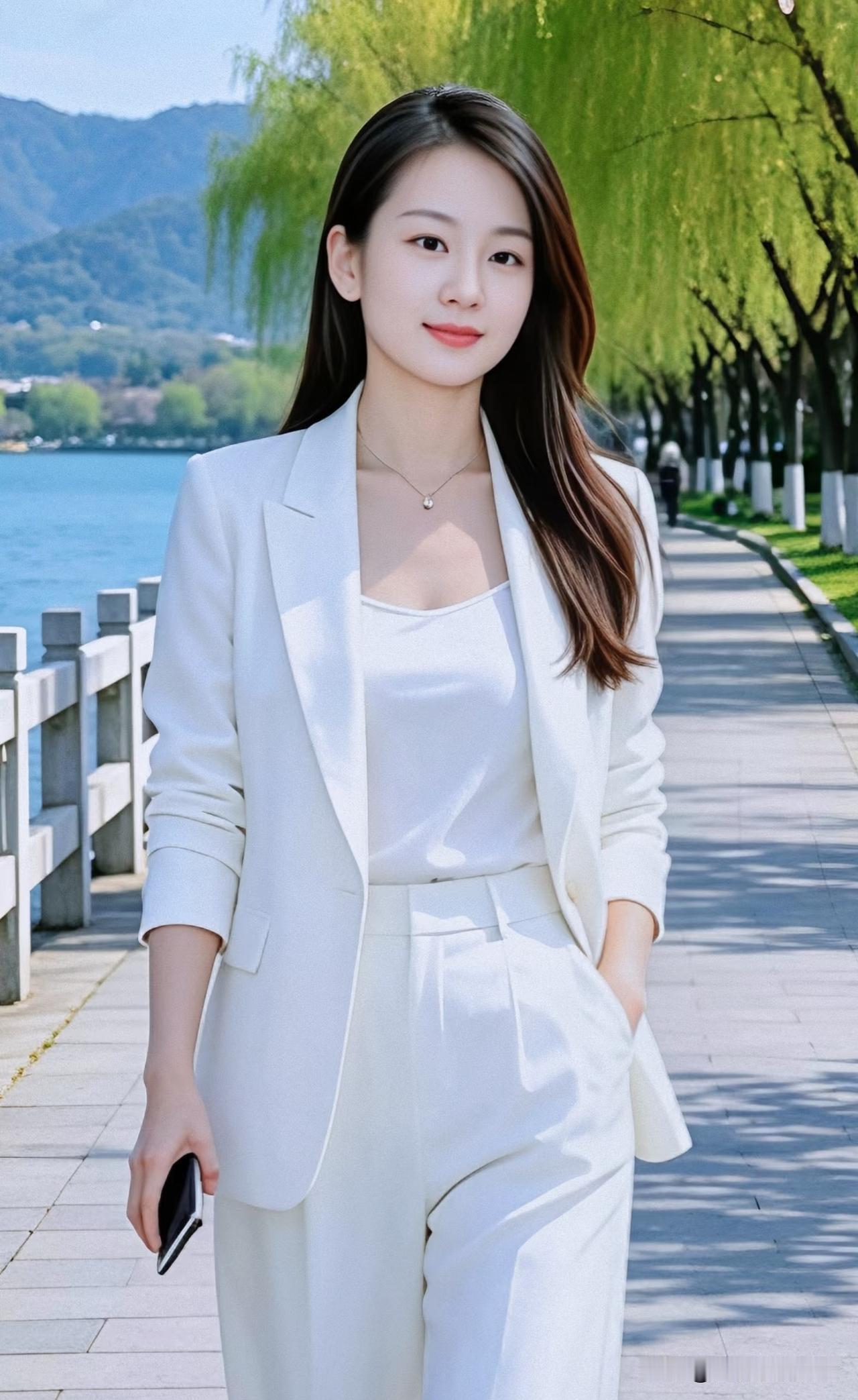 五言·湖畔素袂临风软，长堤柳色新。澄波横远岫，轻步踏芳尘。发润含晴旭，
