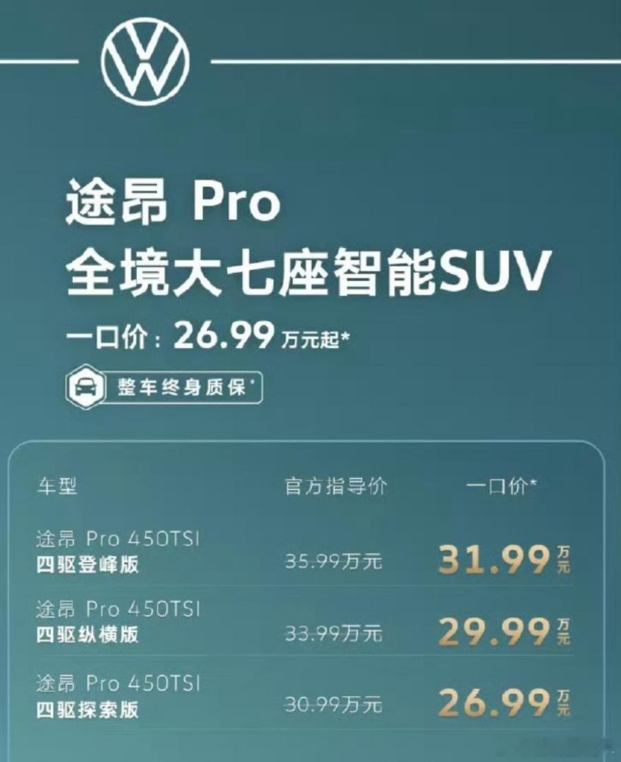 再说两句大众途昂Pro推出那个26.99W一口价的活动；突然想到，这个价位区间和