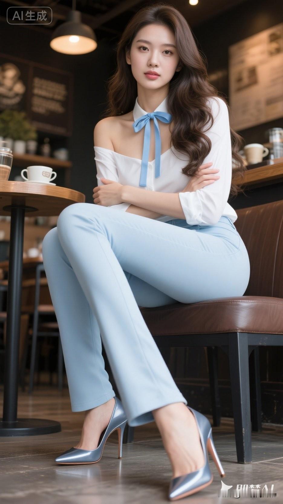 优雅蓝调，咖啡馆里的时尚少女