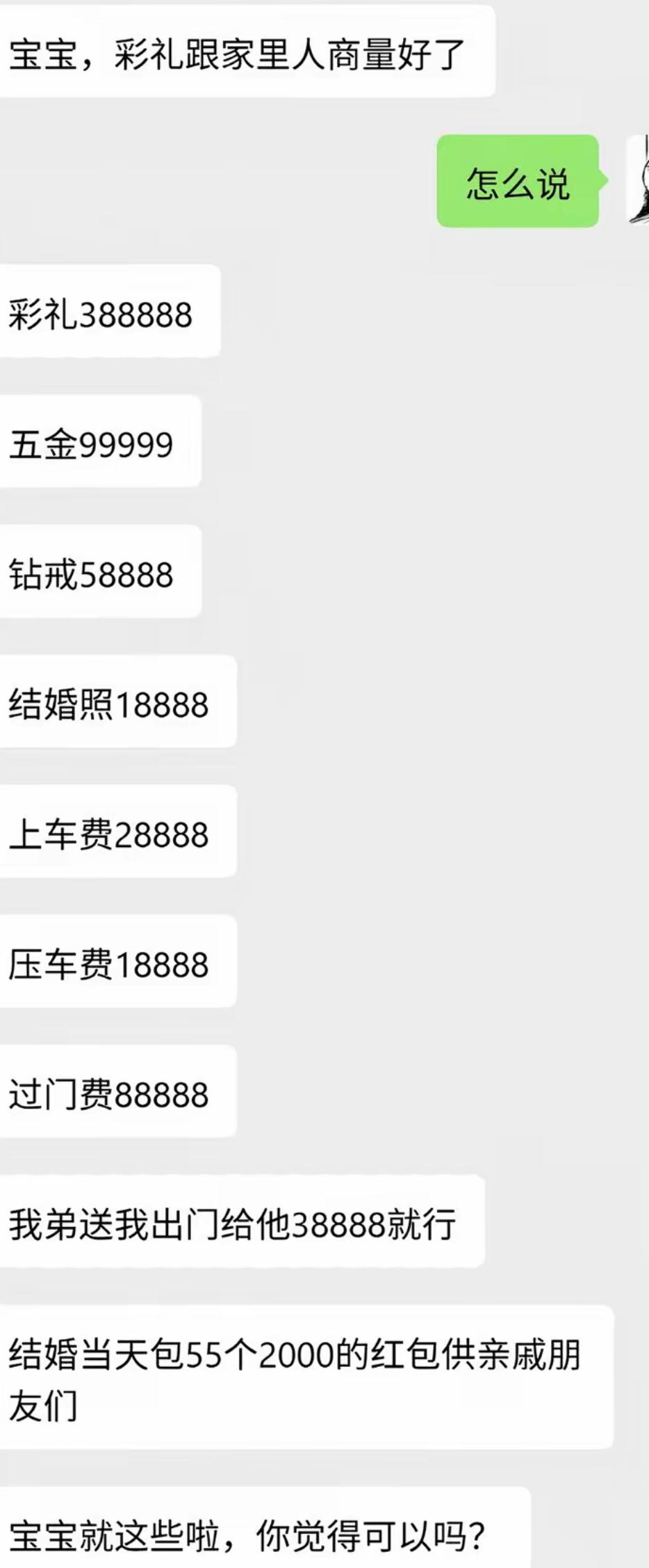女生兴冲冲发来和家里商量好的结婚清单，一长串吉利数字排得满满当当。彩礼、五金、