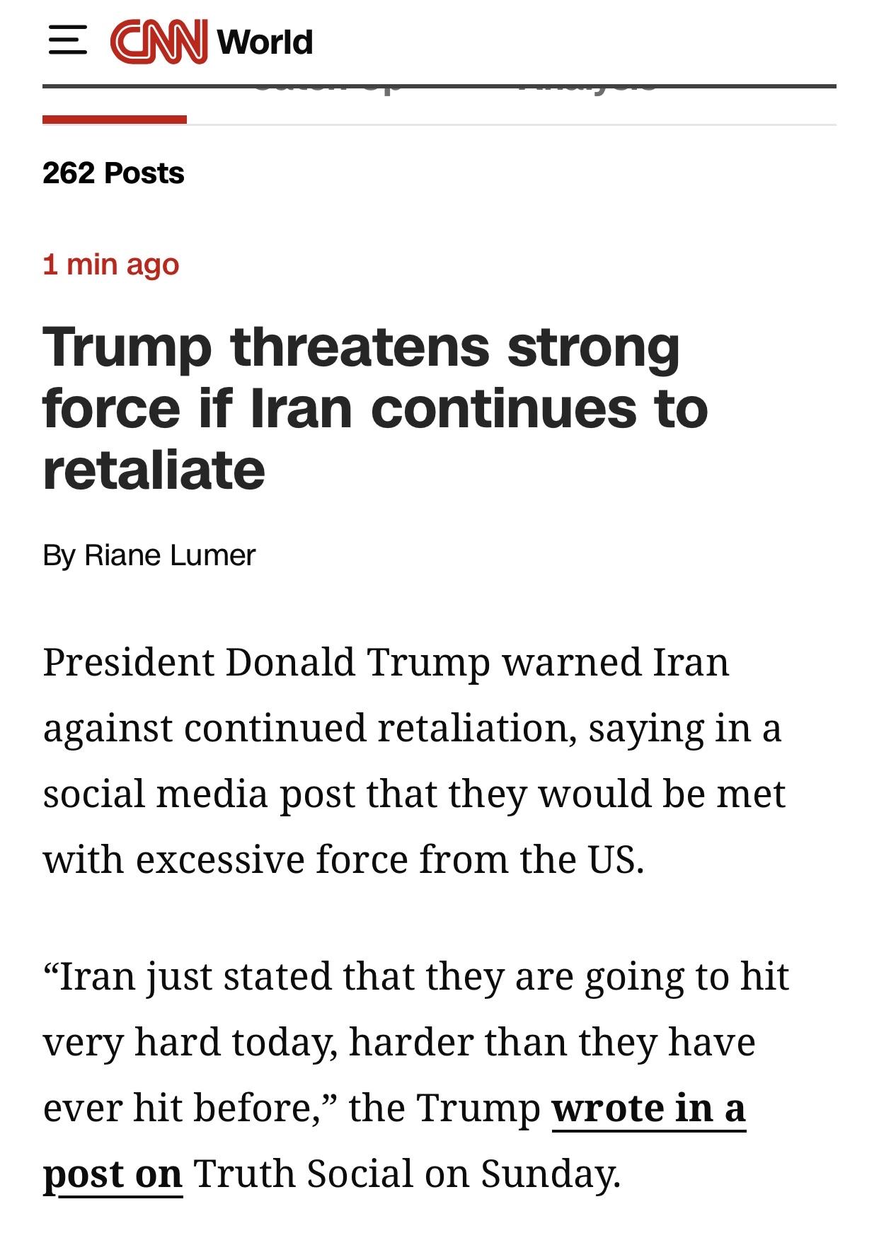 美媒：特朗普称如果伊朗继续报复将强化打击美国有线电视新闻网(CNN)官网3月