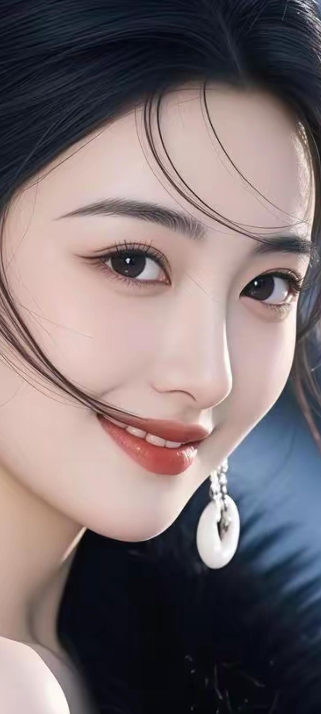 温柔甜美的少女，笑靥如花，耳畔垂坠的珍珠耳环，散发着优雅的魅力。