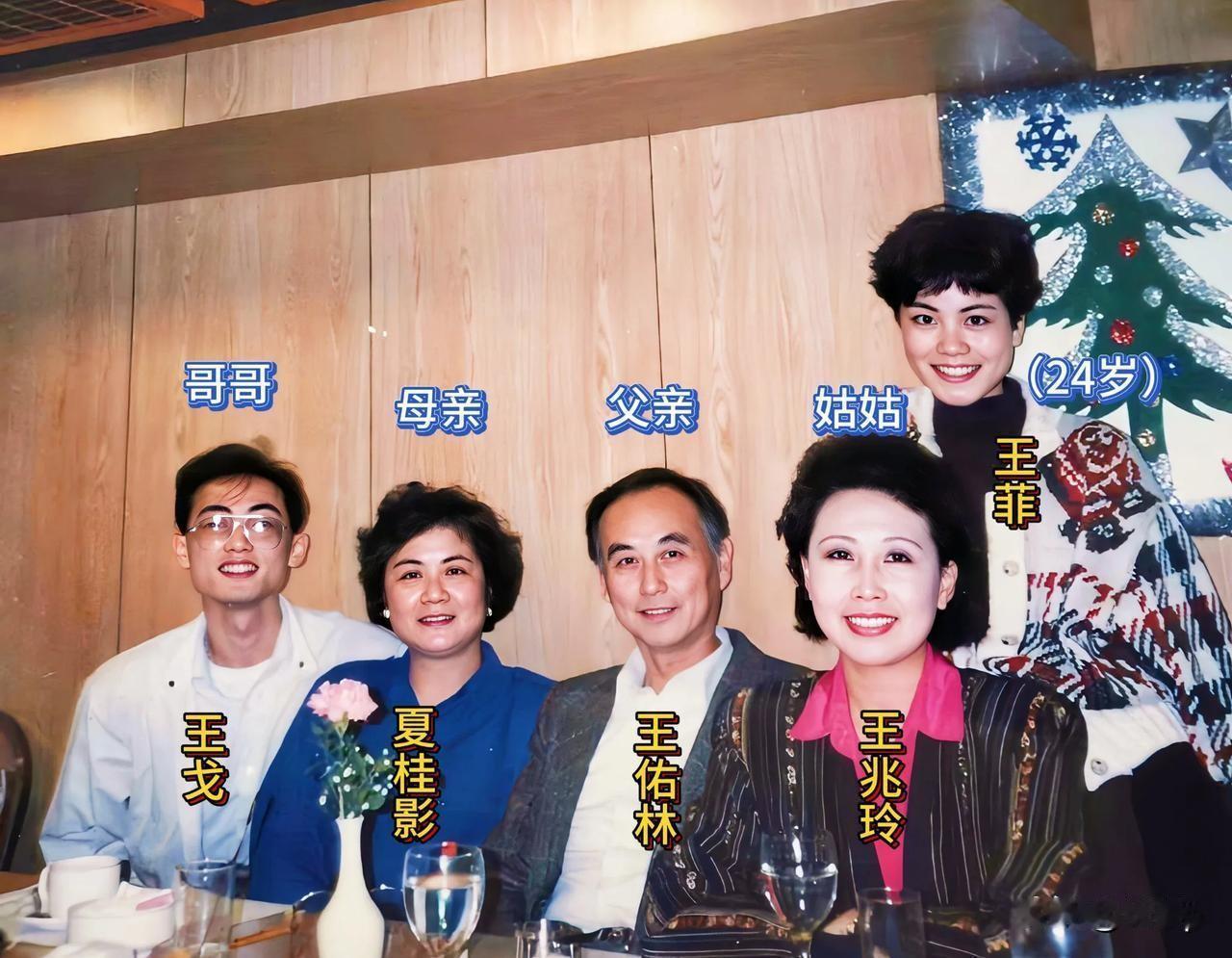 这是王菲24岁时和家人的合影当时是1993年，小的时候王菲和家人住在北京青年沟
