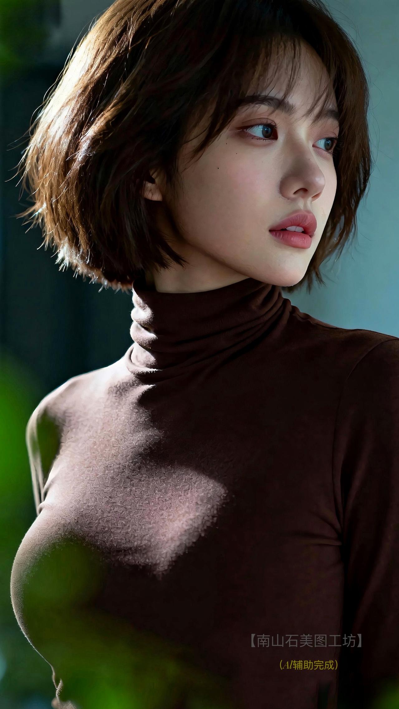 暖棕高领衬出优雅骨相，碎发缀着柔光，她侧眸时眼波盛着星芒，肩头光影如絮织梦，每寸