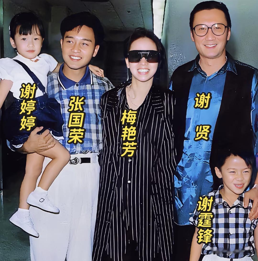 当年张国荣抱着年幼的谢婷婷，中间是梅艳芳，谢贤带着谢霆锋，几位都是香港演艺圈重量