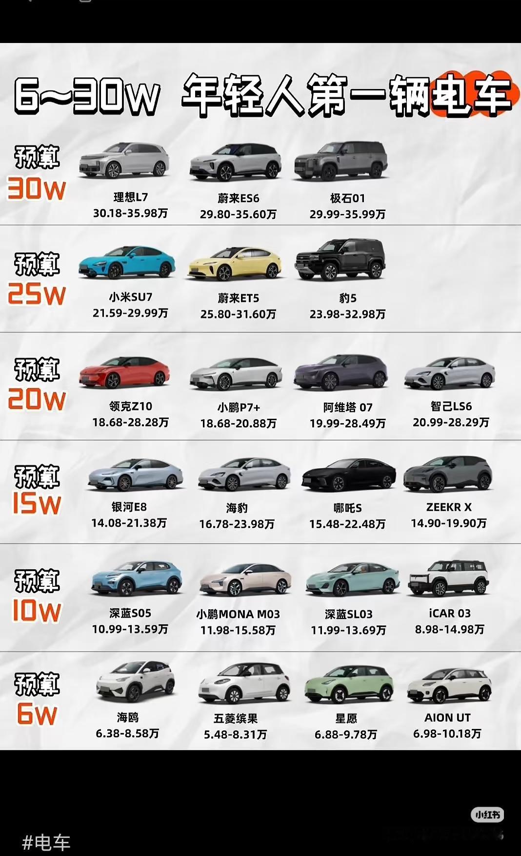 别信什么“闭眼入”，预算才是选车的命门。整理了6-30w的热门电车，聊点实在
