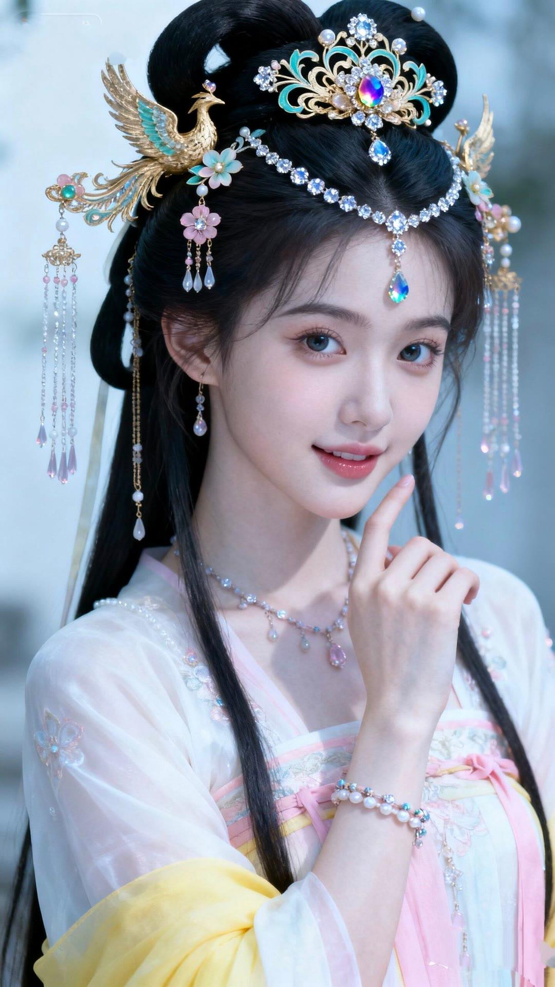 梦幻古风少女，头戴华美发饰，轻纱飘逸，宛如仙子下凡。