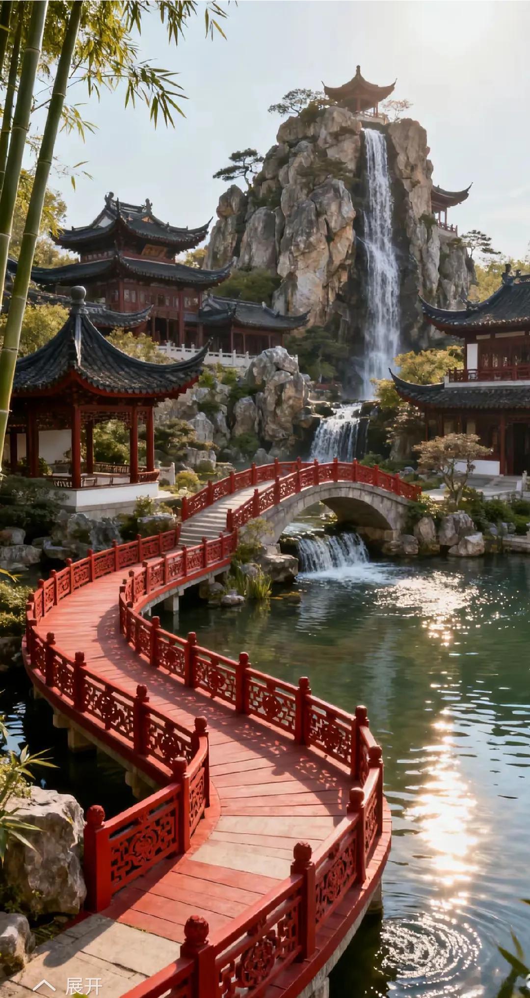 红桥弯弯绕碧波，飞瀑从山往下泼。亭台楼阁藏竹影，流水潺潺唱欢歌。