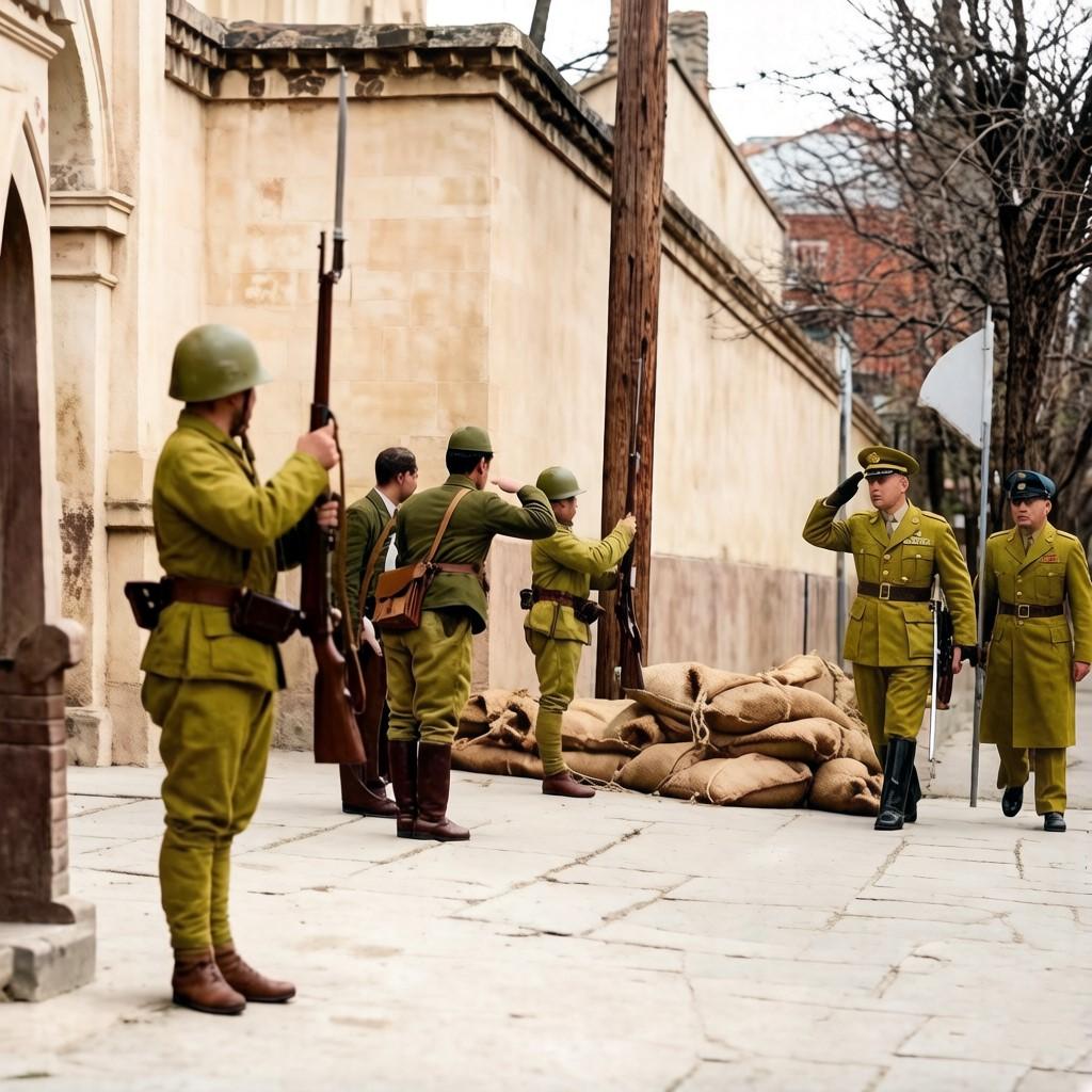 1941年12月，太平洋战争爆发后，负责保护美国驻北平的大使馆的海军陆战队员举着