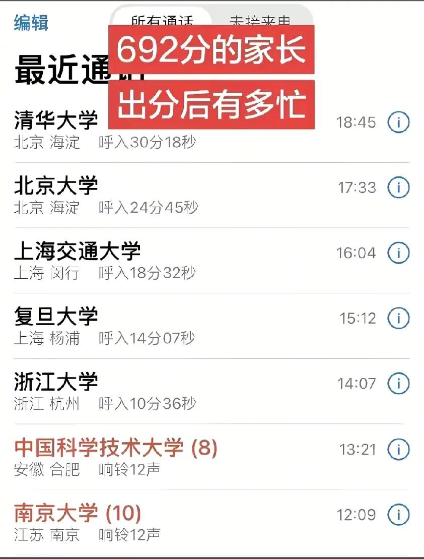 看看692分的家长会有多么的忙？各个名校的老师打电话进来？这是刚才看到一网友发的
