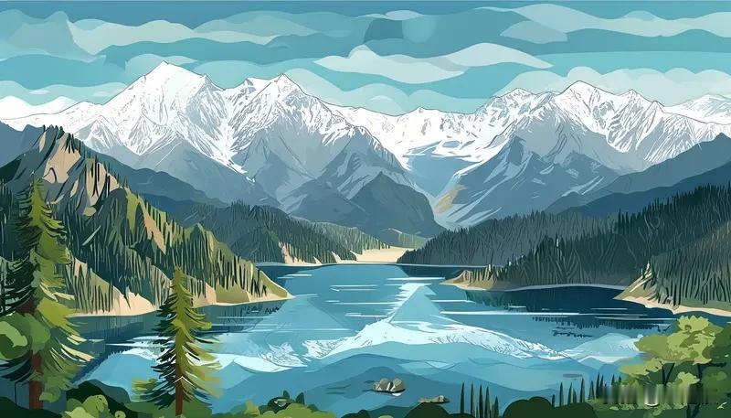 整体：纵向分层山地远景，蓝天白云，连绵天山雪峰立于画面