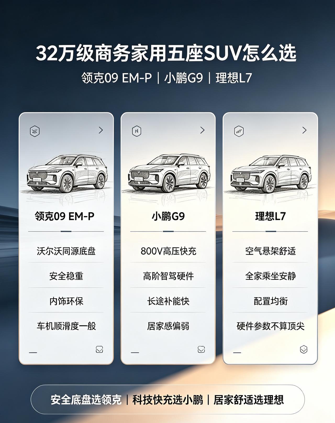 32万兼顾商务家用五座SUV，领克09EM-P、小鹏G9、理想L7。领克沃尔沃