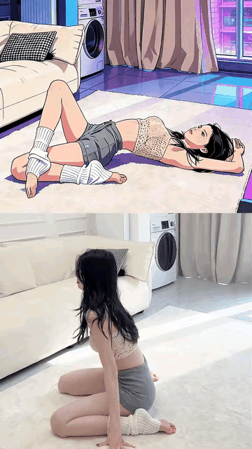 小姐姐完美复刻动漫里面的动作，不过换一个角度看问题，也有可能是AI复刻小姐姐的动