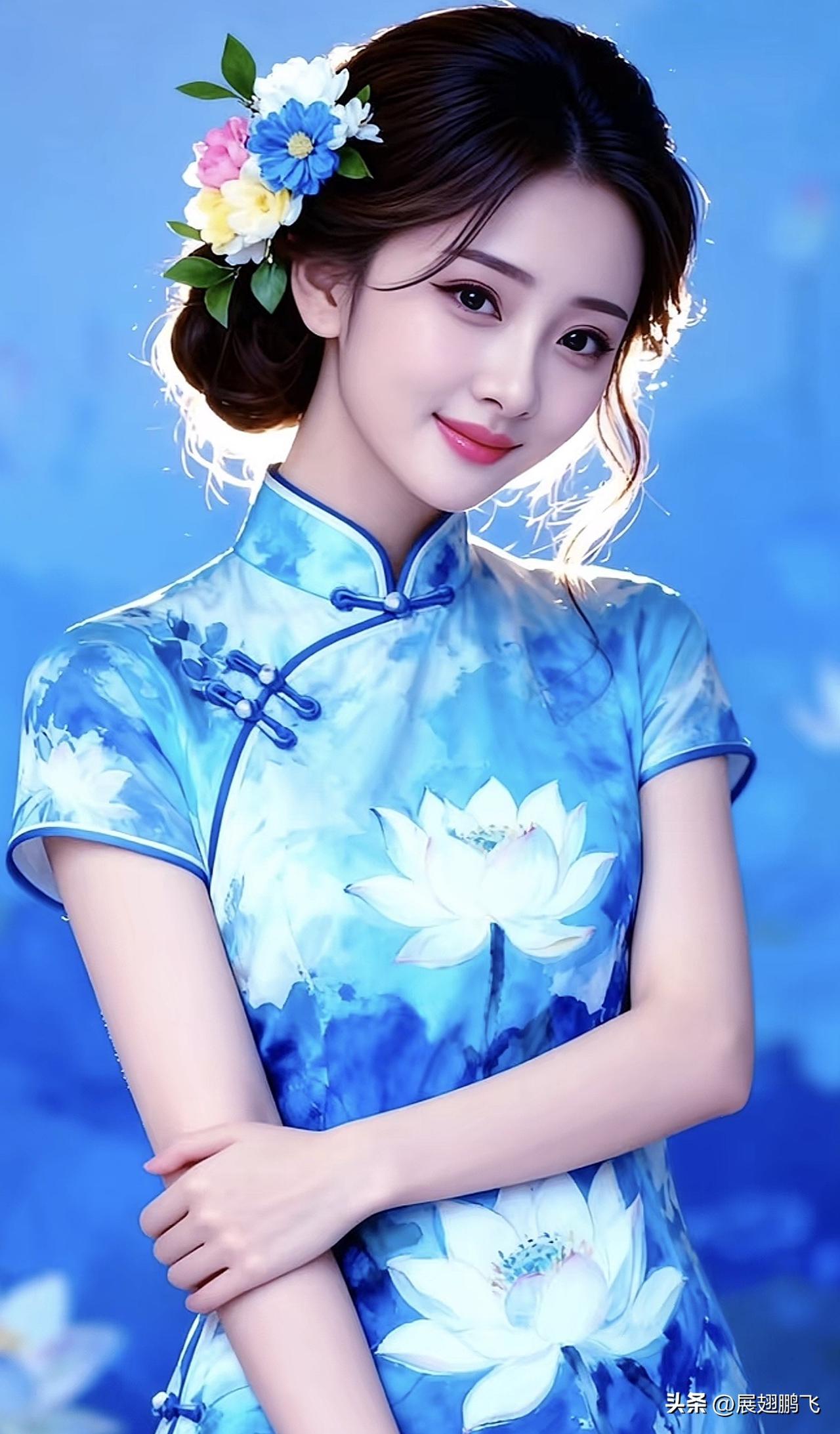 清新脱俗的蓝莲花旗袍，绽放出东方女性的优雅与美丽。淡蓝旗袍照淡蓝旗袍淡蓝旗袍
